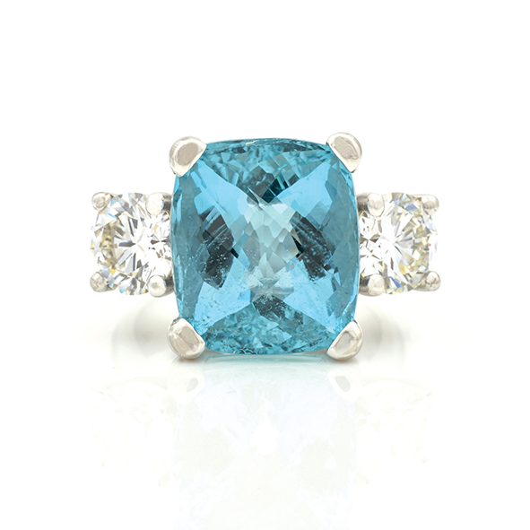 Cushion cut aquamarine and diamond ring